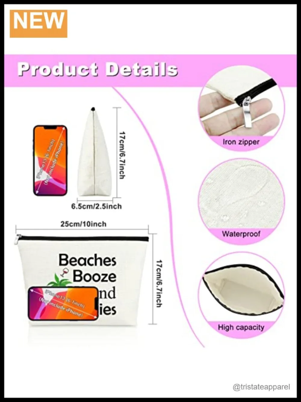 Canvas Beach Themed Cosmetic Bag Travel Makeup Pouch Zipper Closure